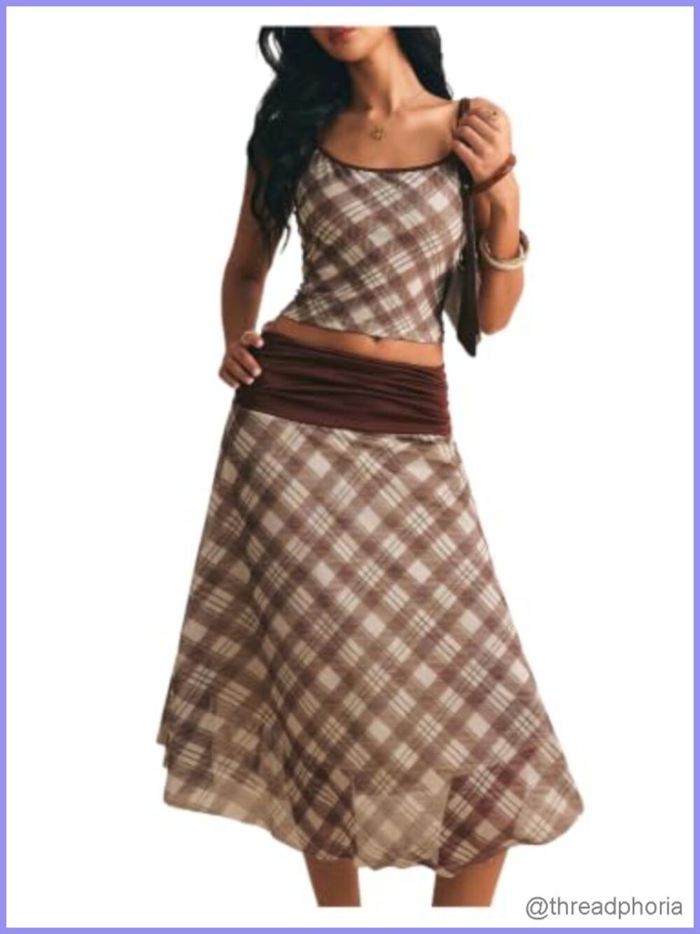 2 Piece Plaid Skirt Set Crop Camisole Top Midi Skirt Gingham